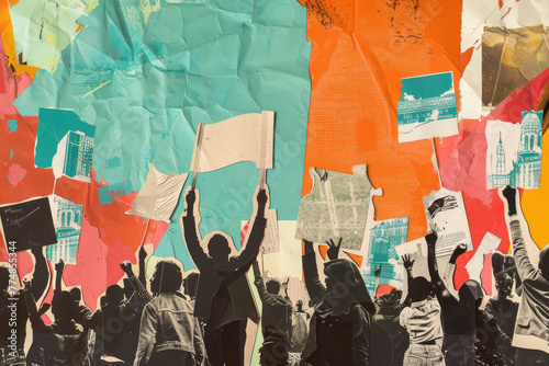 People, collage and creative art made of paper for human rights, protest or riot against war. Colourful, vibrant pop and creative graphic design poster for background, wallpaper and backdrop mockup