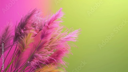 Pampas grass in pastel shades painted close up on green background, space for text, summer concept.