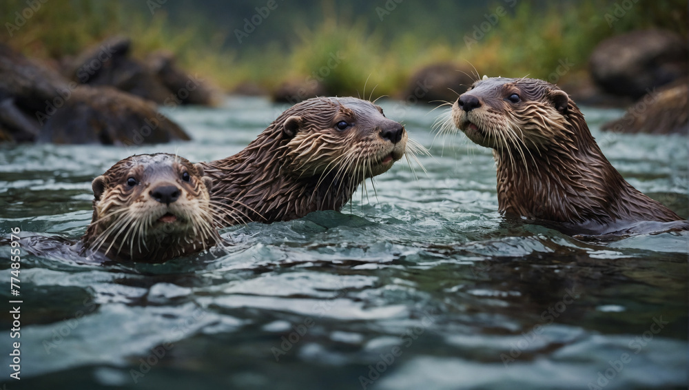 A family of otters playing in a clear mountain stream.