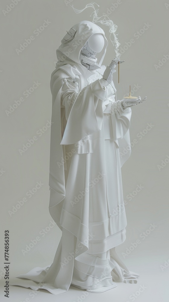 Amidst serene white robes, a asian female robotic monk holds a calming incense, embodying minimalism with a touch of enlightenment, all rendered in ultra-realism