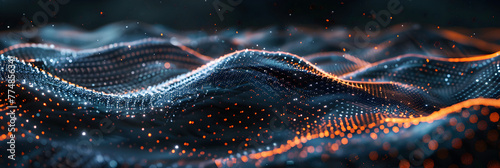 A wave of energy rippling through a void with tiny particles appearing and disappearing at random, Cosmic Flux: Dynamic Energy Wave with Random Particle Movement