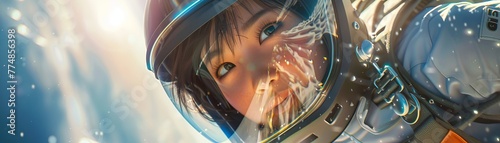 Amidst the sun's rays, a minimalist white Asian girl robot films her skydiving escapade, infusing creativity into every frame Conceptual magic unfolds in this close-up moment of exhilaration