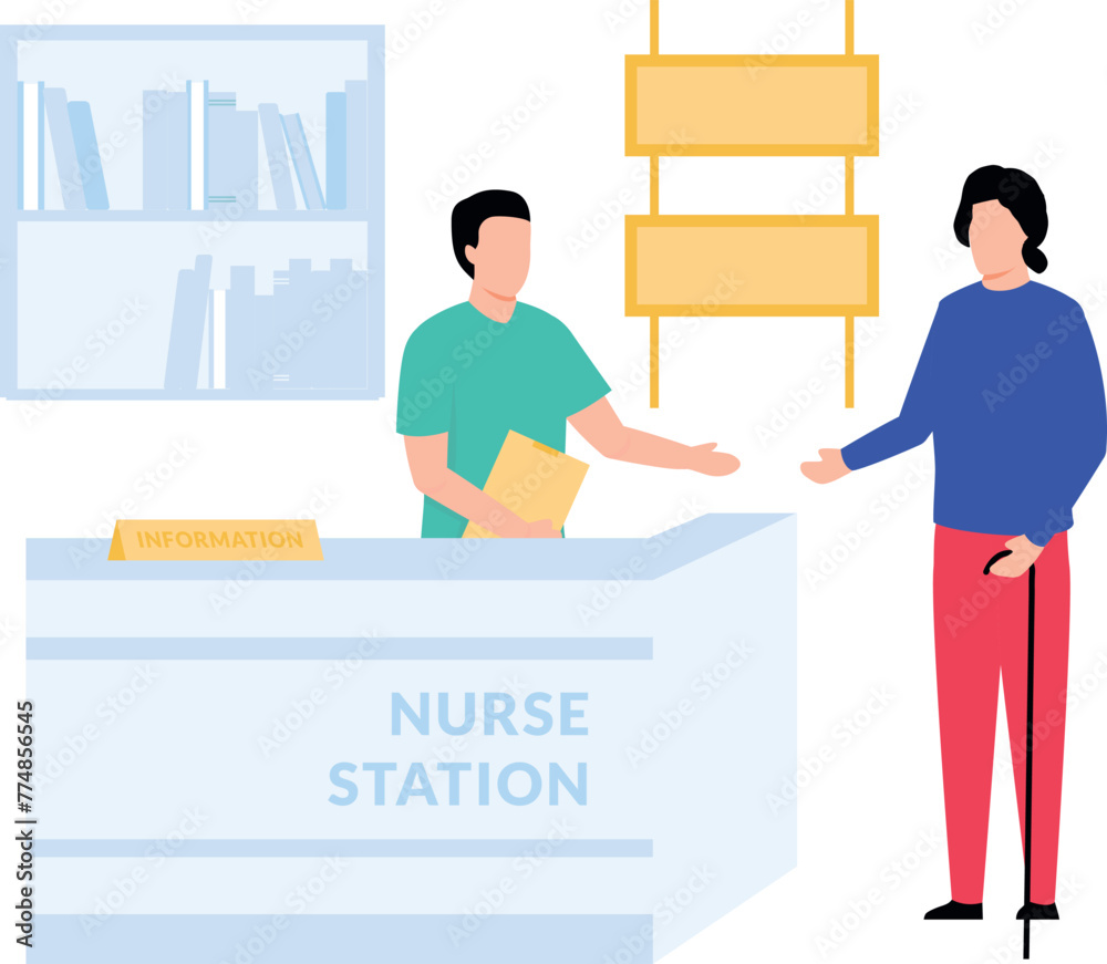 The woman is talking to the boy at the nurse's station. The woman is talking to the boy at the nurse's station.
