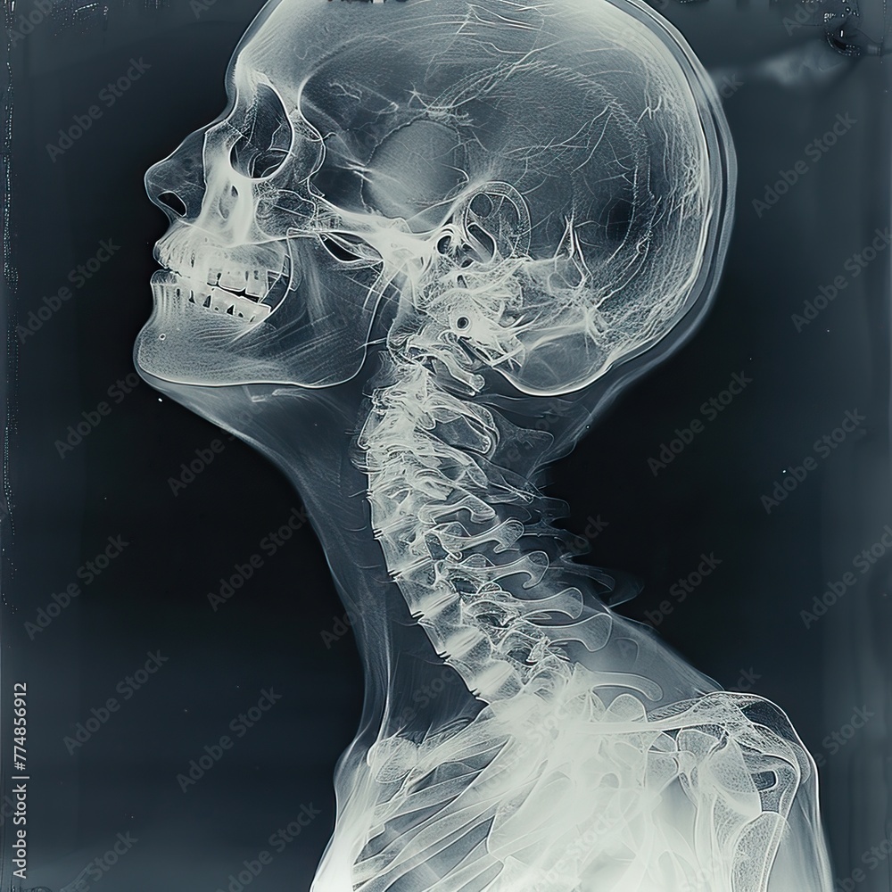 X-ray image of a human skull and cervical spine on a dark background ...