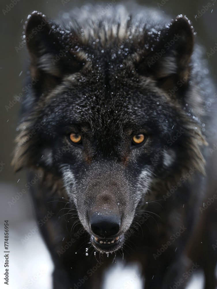 Portrait of a black wolf with bright yellow eyes looking straight into the camera in winter
