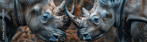 In a touching moment, a rhino mother and calf share a close bond, depicted in a close-up shot that showcases the tender and affectionate side of these remarkable creatures.