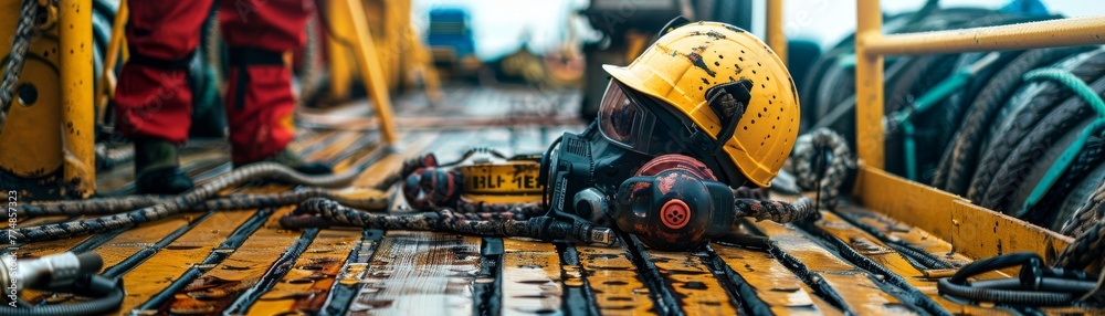 Close-up depiction of vital safety equipment and tools on an oil rig, crucial for high-risk work environments.