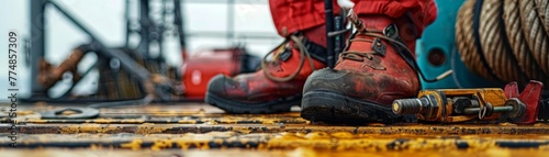 Safety gear and tools on an oil rig, close-up detailing the essential equipment for a hazardous job. © Nawarit