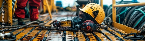 Close-up depiction of vital safety equipment and tools on an oil rig, crucial for high-risk work environments.
