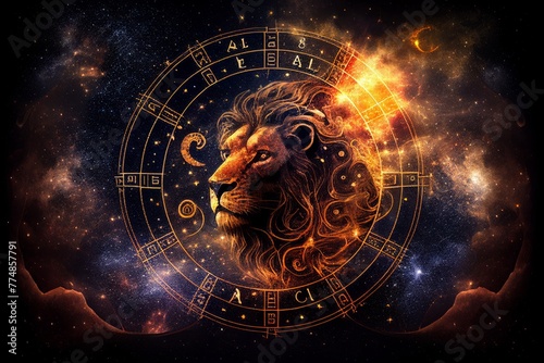 Zodiac sign Leo. Zodiac circle with a lion in space. AI Generative