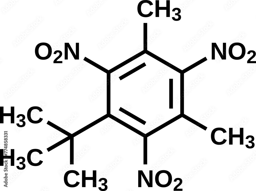 Musk xylene structural formula, synthetic musk vector illustration Musk xylene structural formula, synthetic musk vector illustration