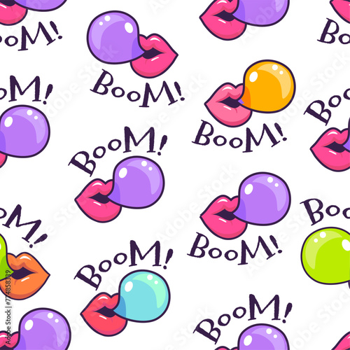 vector seamless vector pattern with lips blowing bubble gum
