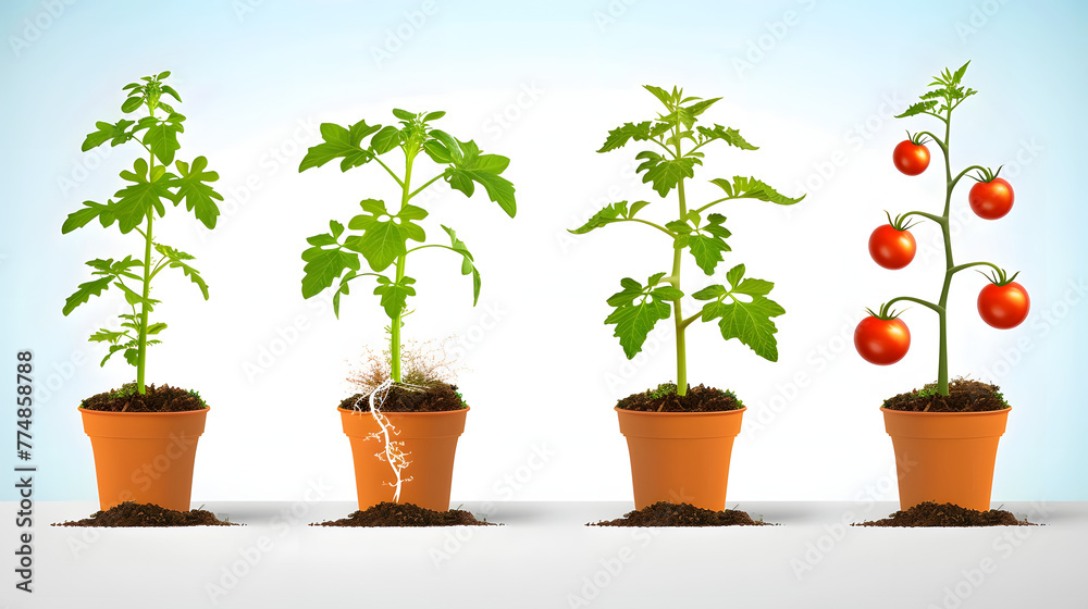 Gradual growth of tomatoes. Life cycle of a tomato plant, leaf, flower and fruiting stages. Cutaway flower pot. 3d flat style cartoon illustration isolated on white background
