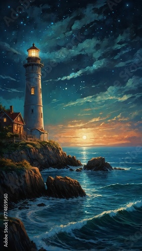 Old lighthouse on the cliffs on the seashore. Waves. Bright colorful anime illustration. 