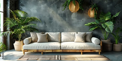 Bohemian Colonial living room with eclectic decor featuring a cozy couch bamboo lamp and potted plants on a concrete floor. Concept Bohemian Decor, Colonial Style, Eclectic Design, Cozy Living Room