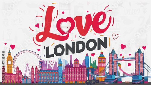 A vibrant and artistic illustration showcasing prominent landmarks of London including the towering Big Ben, majestic London Bridge, and iconic double-decker bus. The words "Love London" are crea...