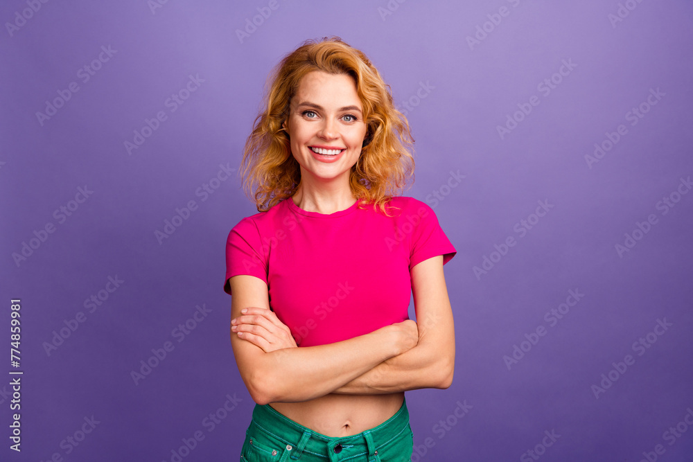 Photo of stunning cute woman wear trendy pink clothes crossed arms isolated on purple color background - obrazy, fototapety, plakaty 