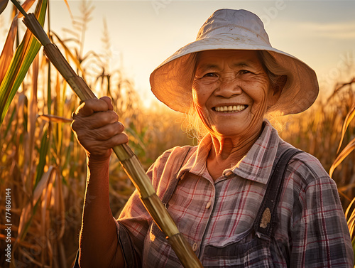 A farmer checks the quality of sugar cane on her plantation at sunset.