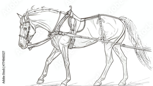 Fototapeta Naklejka Na Ścianę i Meble -  Beautiful thoroughbred horse in harness coloring page