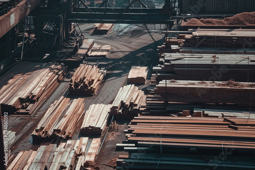 Blurred defocused sawmill with extensive open air racks loaded with different types of boards. A large sawmill where wood is turned into valuable building materials. Heaps of wooden planks