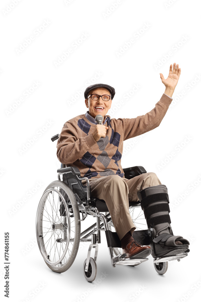 Cheerful elderly man with a broken leg in a wheelchair singing Cheerful elderly man with a broken leg in a wheelchair singing