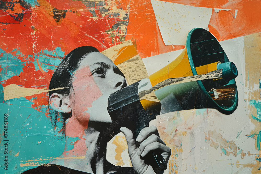 Human Rights Back Drop Megaphone, collage art and protest banner artwork for humanity, human ...