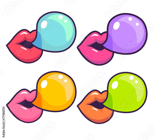 set of vector cartoon of lips blowing color bubble gum