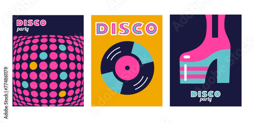 set of funky pop art style designs for disco party