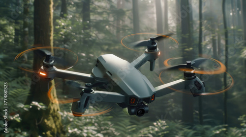 A white and black remote controlled flying device soaring through the trees in a wooded area photo