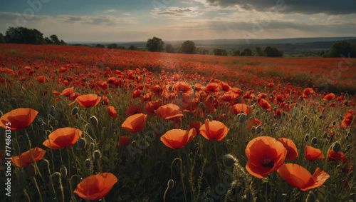 A field of poppies in full bloom, their scarlet petals dancing in the wind.