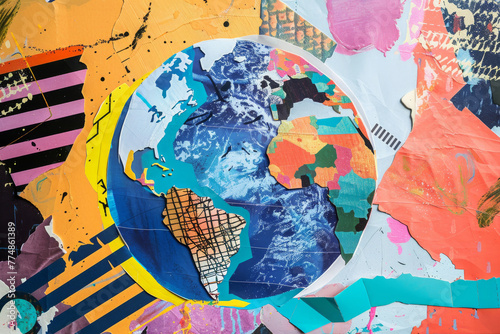 World, globe and collage art made of paper school project, humanity and eco friendly banner. Colourful, vibrant pop and creative graphic design poster for background, wallpaper and backdrop mockup