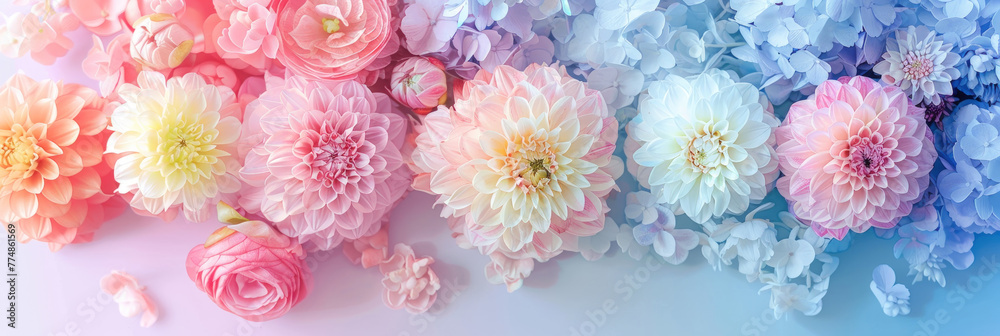 Flat lay view of variety of vibrant flowers displayed on table, adding a pop of color and nature to the space Flat lay view of variety of vibrant flowers displayed on table, adding a pop of color and nature to the space