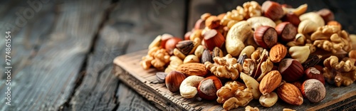 Wooden Cutting Board Topped With Nuts and Nutshells photo