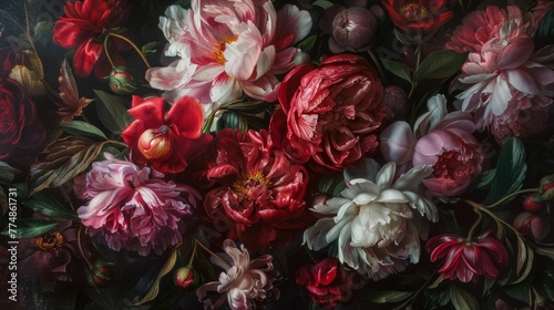Baroque flowers in rich deep colors, peonies on dark background. Generative Ai