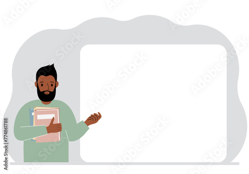 The man holds many books. Nearby is a large white poster for your text. Vector flat illustration.