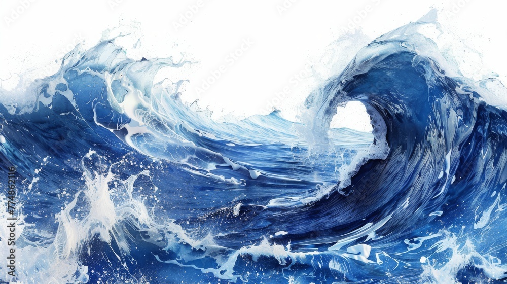 A dynamic seascape with bold, crashing blue waves against a pristine white background. A dynamic seascape with bold, crashing blue waves against a pristine white background.