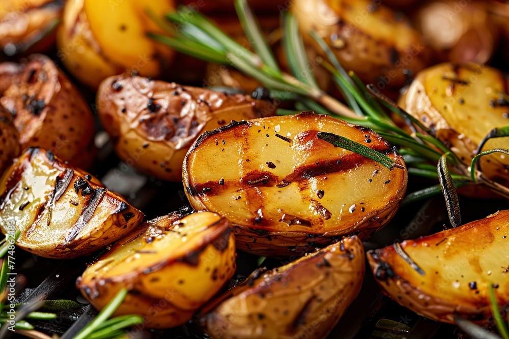 Close Up of Grill With Potatoes and Rosemary
