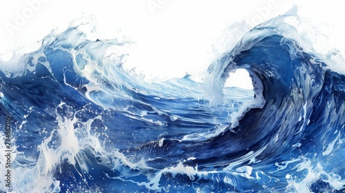 A dynamic seascape with bold  crashing blue waves against a pristine white background.