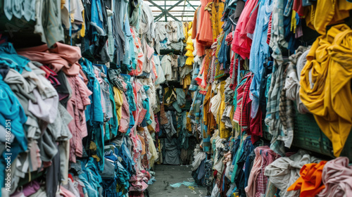 Towering stacks of assorted garments line the pathways of a recycling center