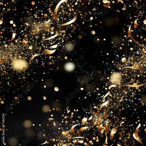 Seamless abstract golden splashes with glitter on black background pattern