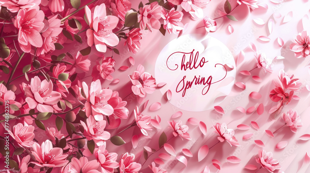 Pink flowers blooming with the words hello spring written on a background Pink flowers blooming with the words hello spring written on a background