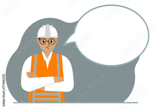 A male builder in a white helmet and vest, next to a white bubble of thoughts. Plans, thoughts, places, strategies. Vector flat illustration.