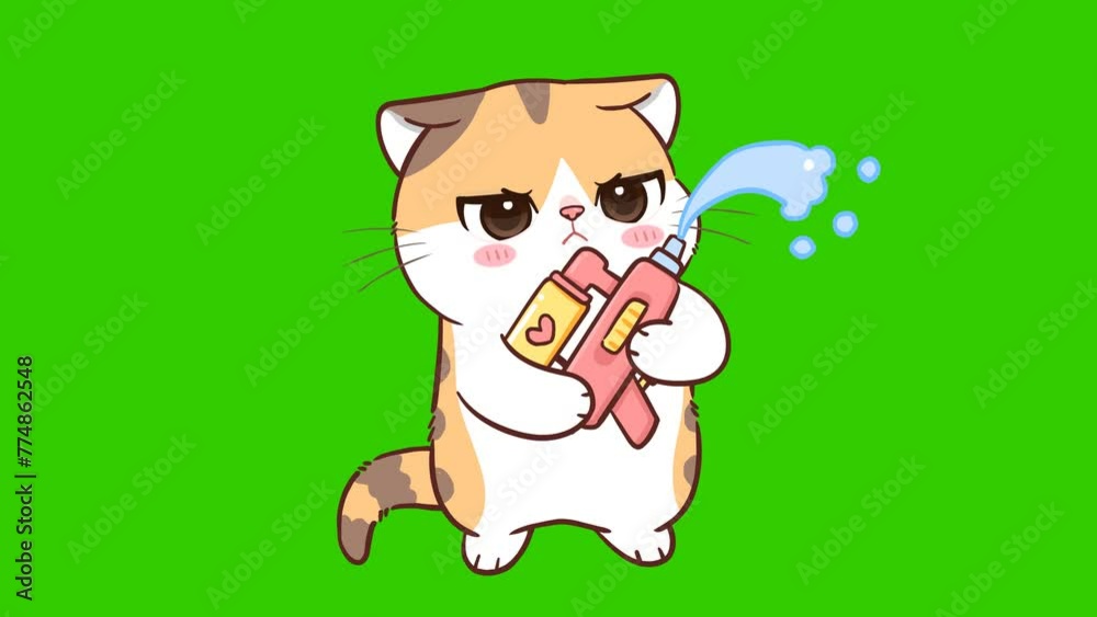 Cat playing with a water gun animation on green screen