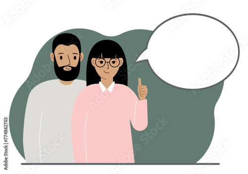 A man and woman couple dream and plan. Next to the couple is a large thought bubble. Vector flat illustration.