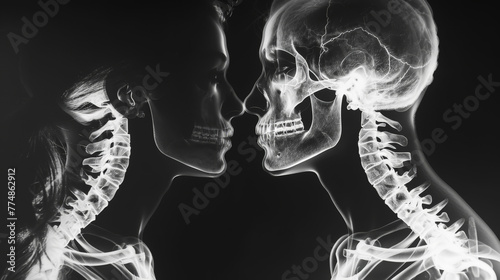Radiography x-ray photo of a kiss. Love science concept. Kissing couple. Generative AI