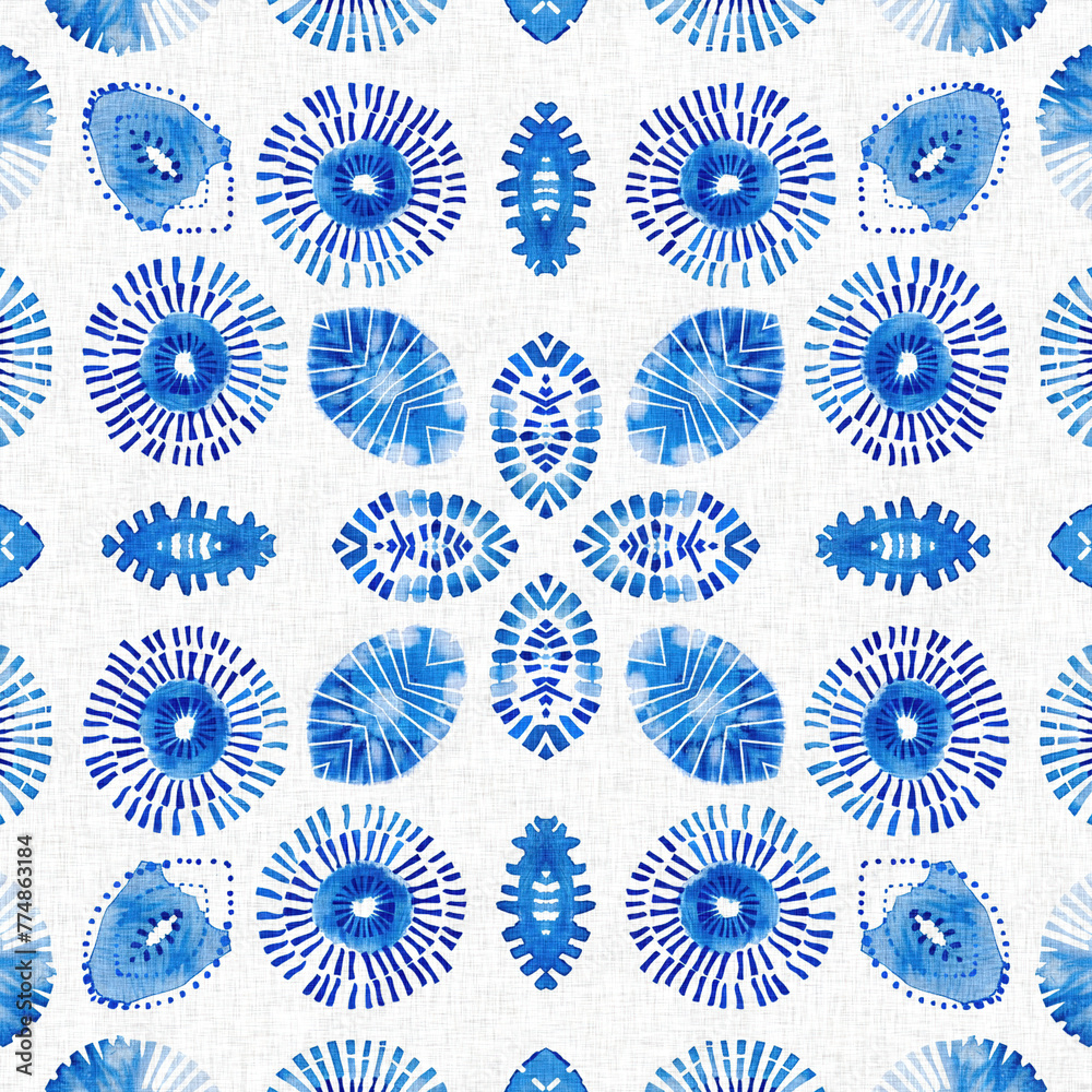 Indigo blue tie-dye handmade textile seamless pattern. Asian style abstract blotched dyed effect print.