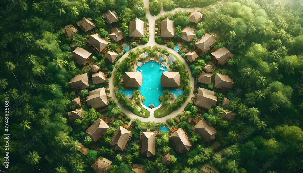 An aerial view image of a tropical resort surrounded by lush greenery. The resort features thatched-roof bungalows spread out in an orderly
