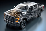 Cutaway 3d rendering of a pickup truck showcasing the interior structure.