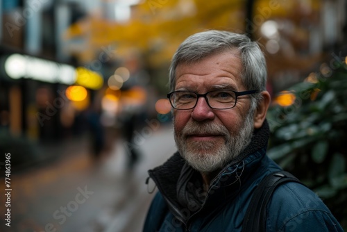 Portrait of an old man with gray beard and glasses in the city