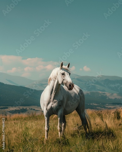 White horse, soft pastel colors, minimalism, sky blue background, serenity and calm, photography, long white mane, green grassy field with distant mountains, ethereal, dreamlike atmosphere © zayatssv